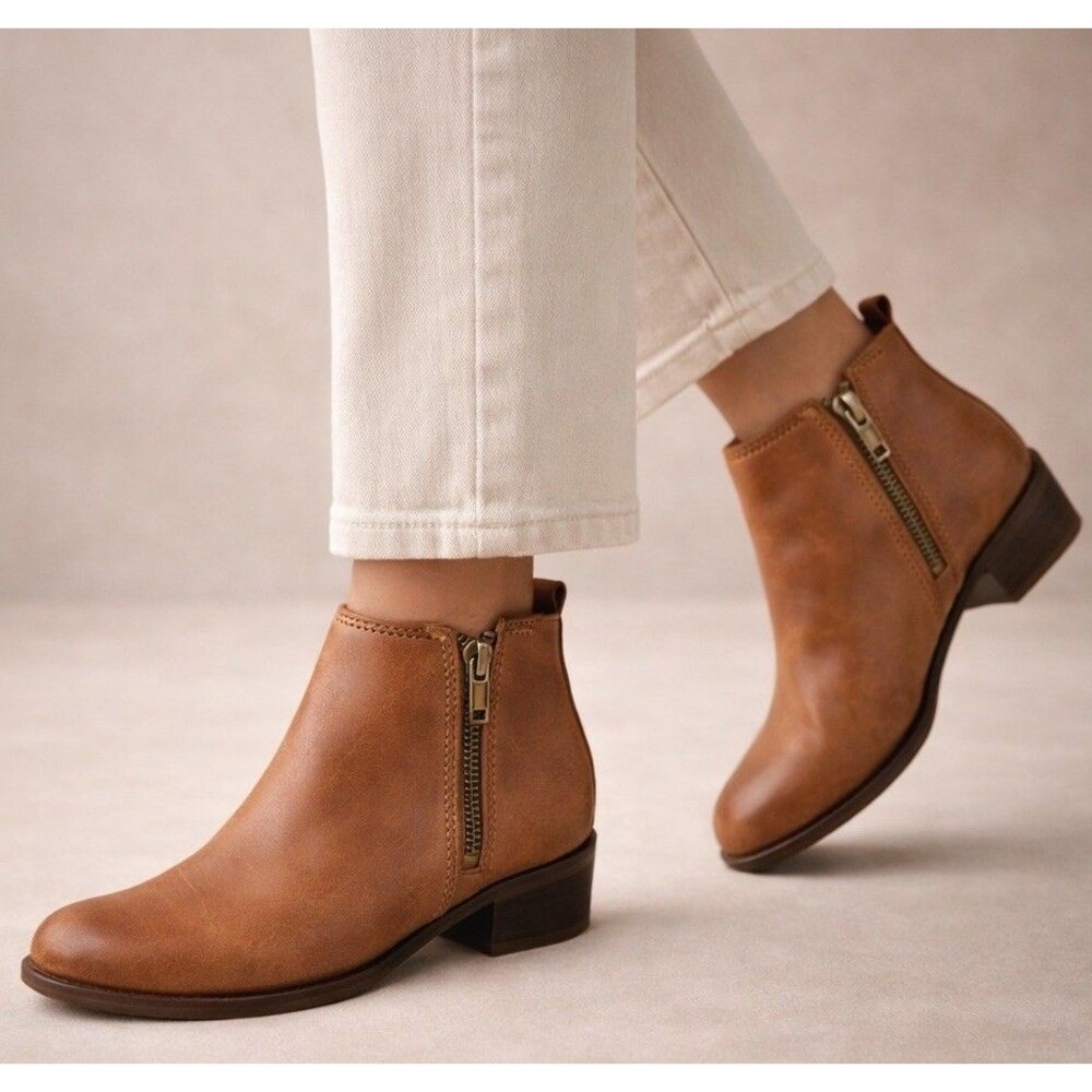 Lucky Brand Leather Ankle Boots Dual Zip Brown Low Heel Women 6.5